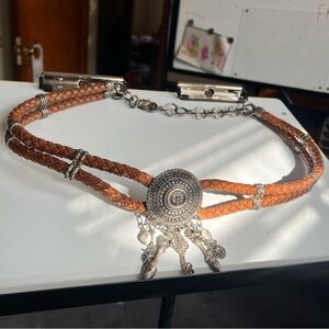 Brown braided belt with silver details Ithaly